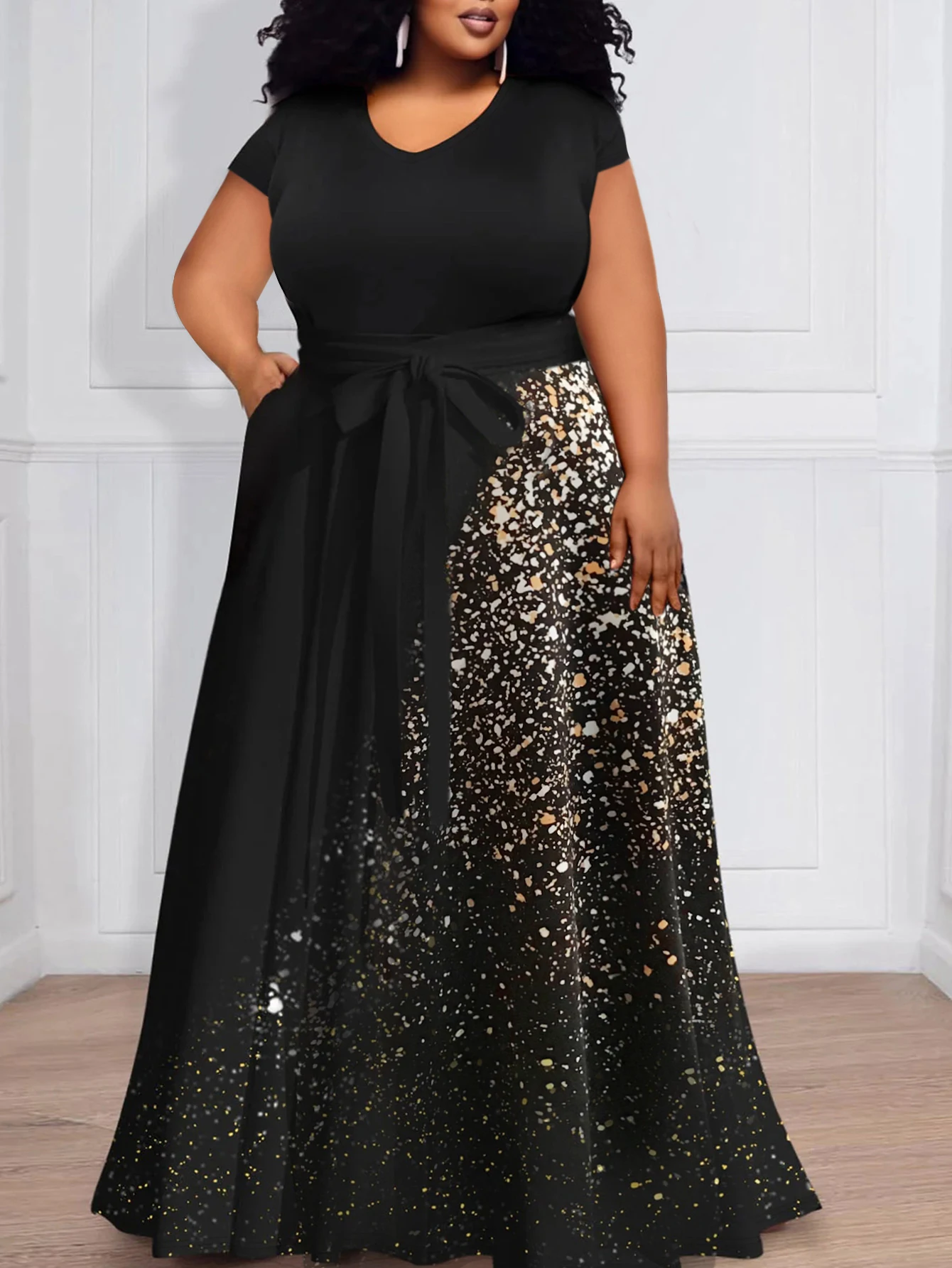 

LW Plus Size dresses Sequined Pocket Design A Line Dress women's party Evening dress vestido black short sleeve maxi dress