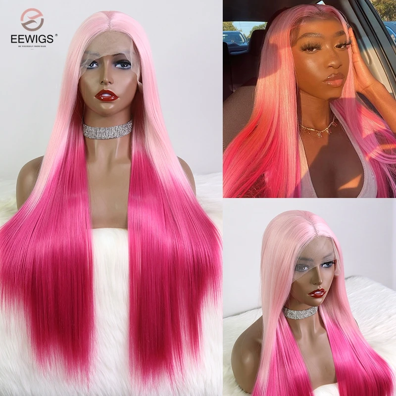 

Light Pink Synthetic Lace Front Wig Freepart Rose Pink 2 Tone Color Glueless Cosplay Drag Queen Wigs For Women Use EEWIGS