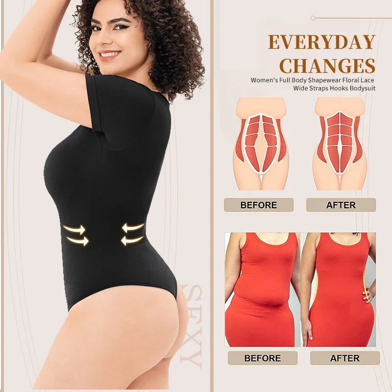 Women's Bodysuits Sexy Ribbed Short Sleeve Square Neck Tank Tops Waist Shaping Tummy Control Butt Lifter Thong Shaper Corset