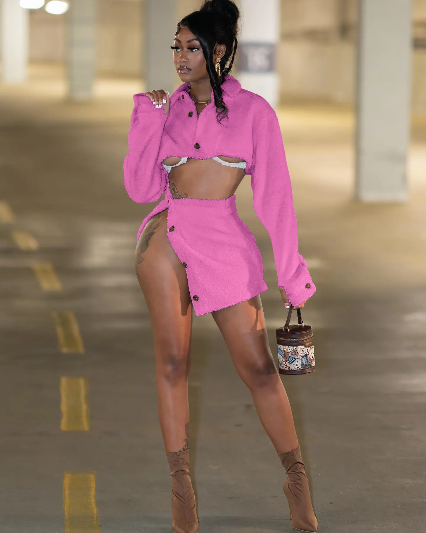 

Women'S Skirt Set Fall Winter Fleece Keep Warm Long Sleve Button Sexy Crop Top Shorts Skirt Set Mini Skirt Two Piece Set Outfits