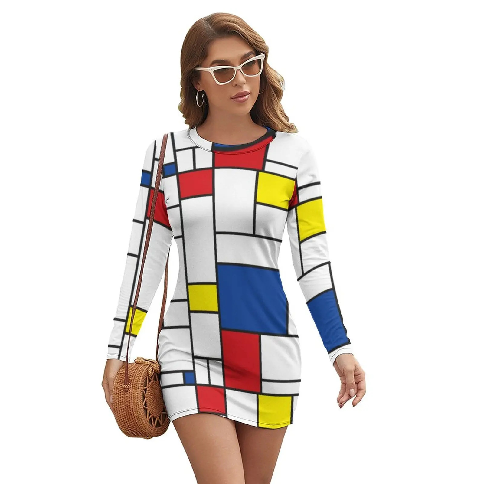 

Mondrian Geometry Bodycon Dress Autumn Modern Art Kawaii Dresses Female Long Sleeve Custom Aesthetic Dress Big Size