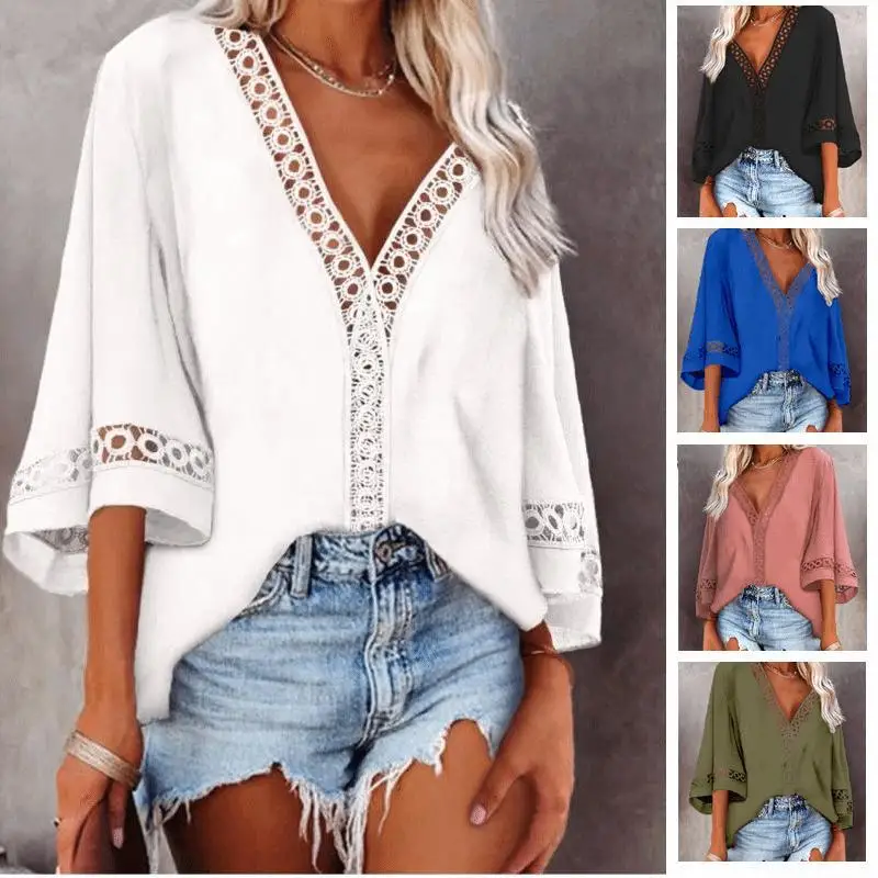 

Women V Neck Splice Lace Pullover Shirt Female Blouse Shirts Summer Cotton Linen loose fitting shirt Casual Short Sleeve Tops
