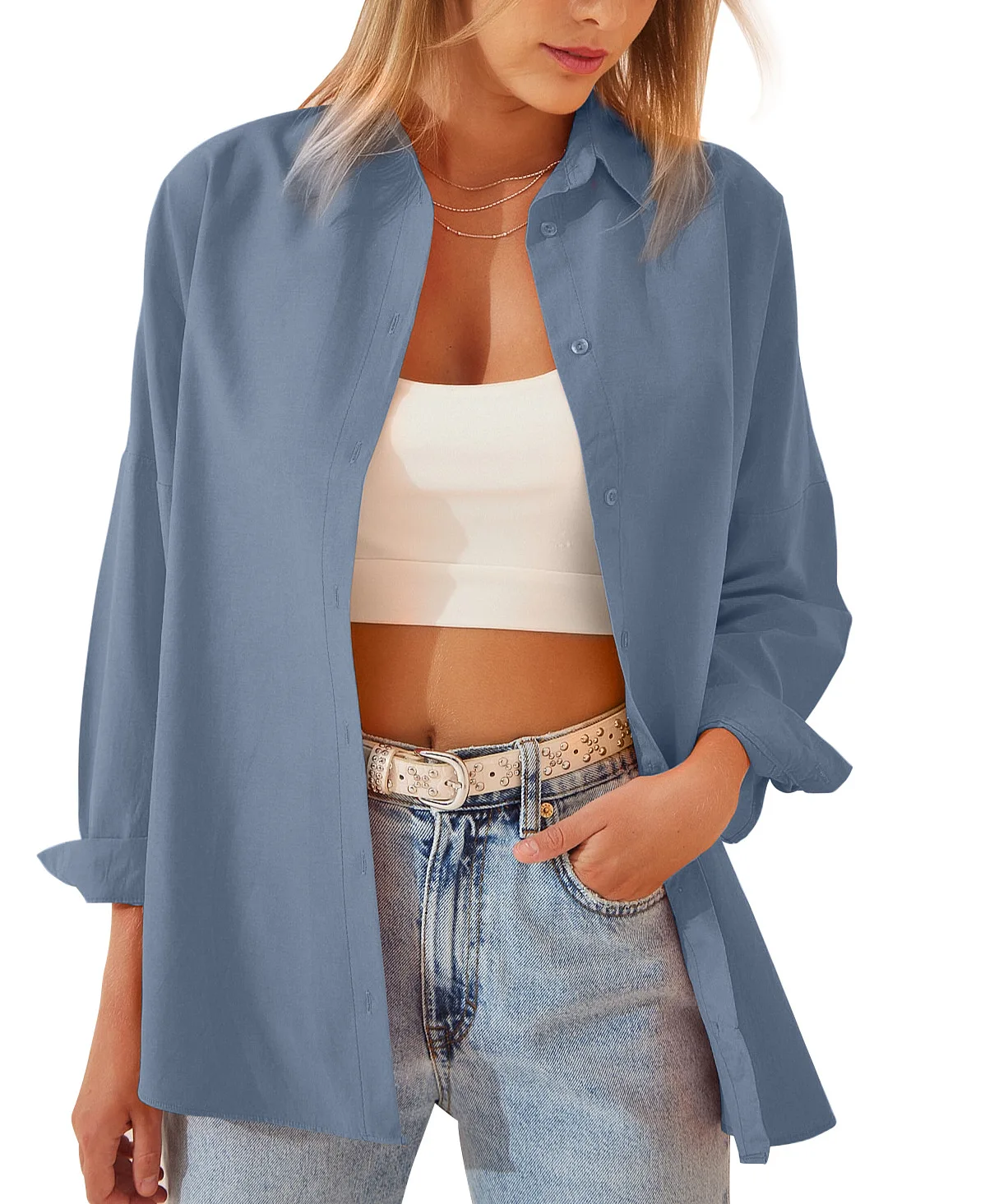 Womens Clothing V-neck Solid Button Long Sleeve Casual Blouse