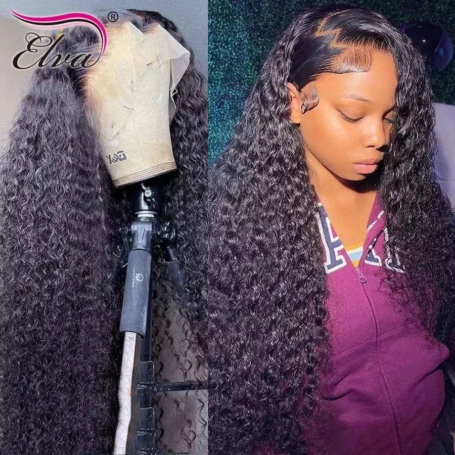 

Elva волосы без клея вьющиеся кружевные передние парики из человеческих волос предварительно выщипанные 250% плотные кружевные передние парики для женщин HD кружевной парик с глубокой волной