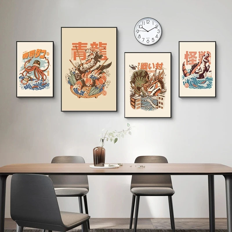 Vintage Japanese Kaijus Food Art Canvas: Sushi, Ramen, and Burgerzilla Poster