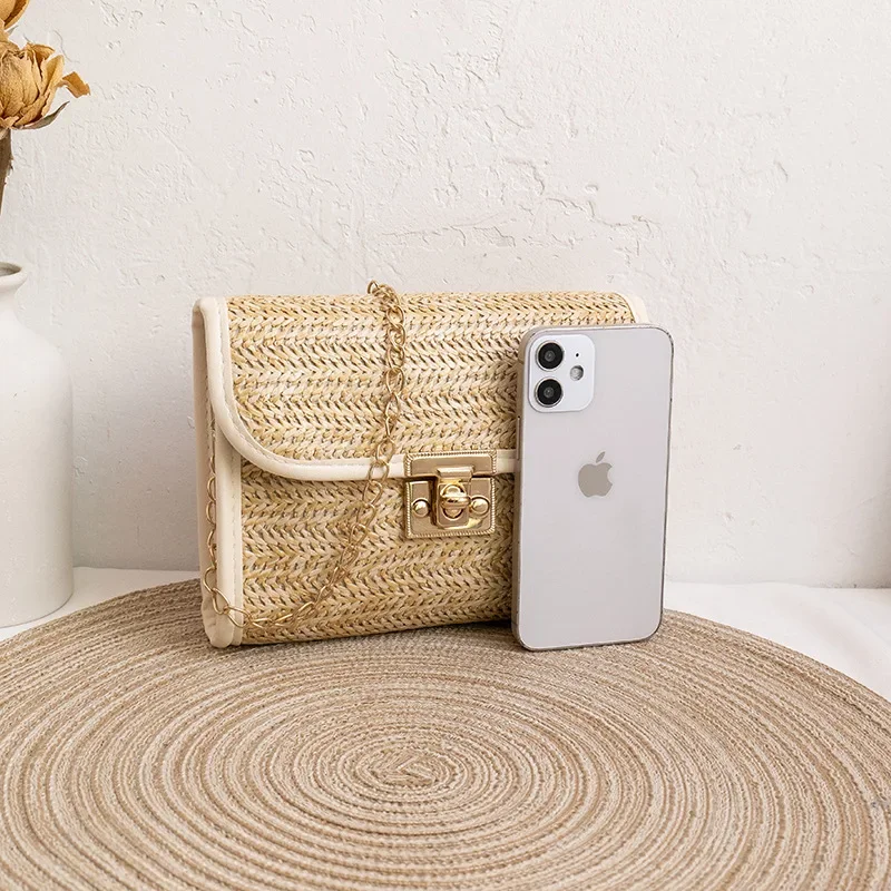 Wholesale Straw Woven Square Bag - Mini Tassel Chain Purse for Women, Trendy Versatile Crossbody Clutch 크로스백 bandolera