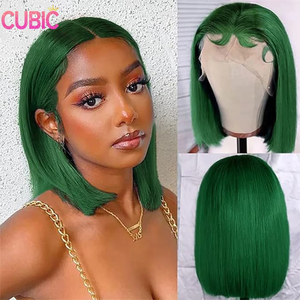 

Dark Green Lace Front Bob Wig Human Hair 13x4 Glueless Pre Plucked Hd Transparent Lace Frontal Bob Wigs Shrot Green Colored wig