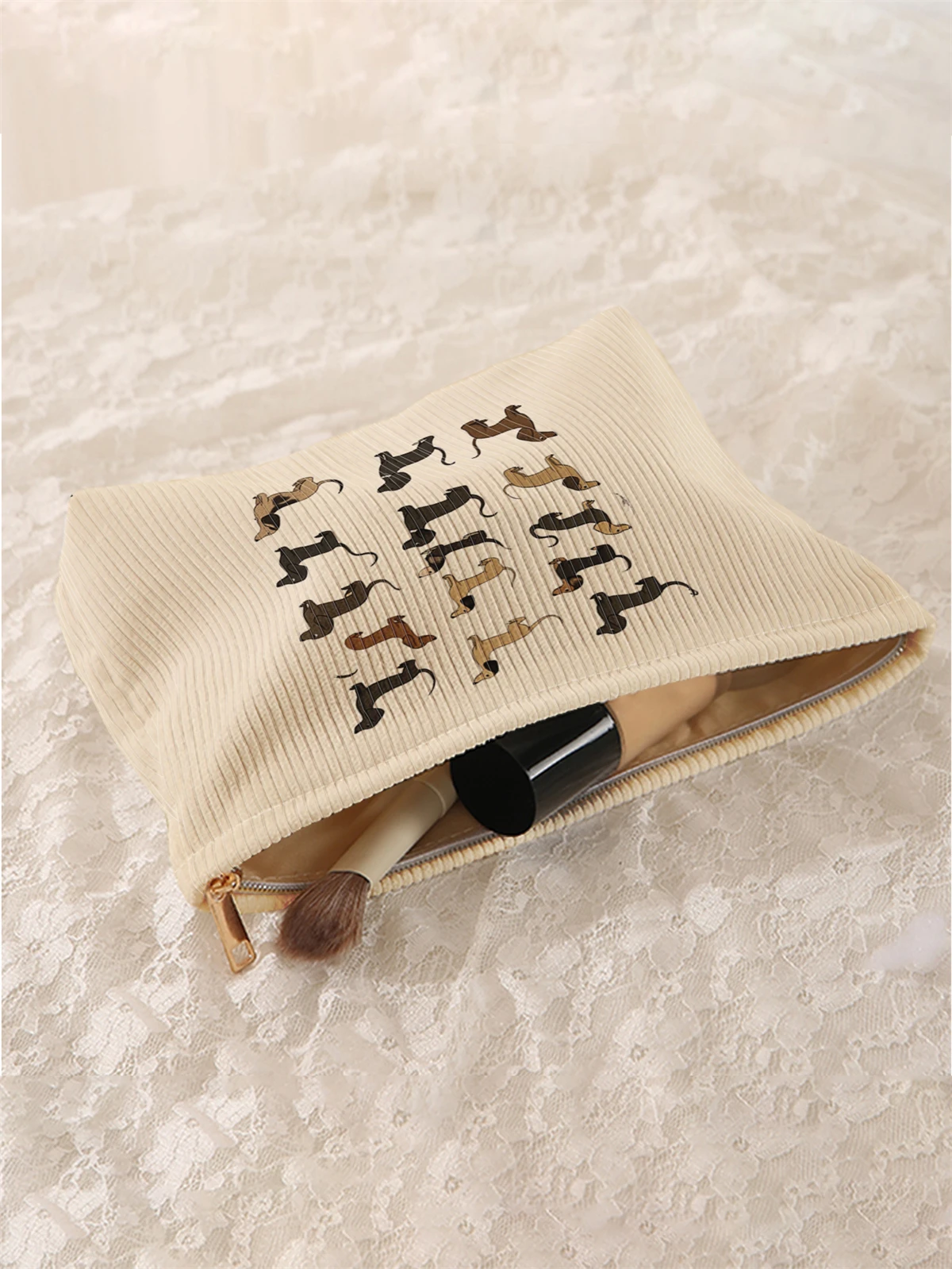 1pc cartoon dog pattern printed corduroy makeup bag, lightweight zipper makeup storage box, multifunctional bag with lining