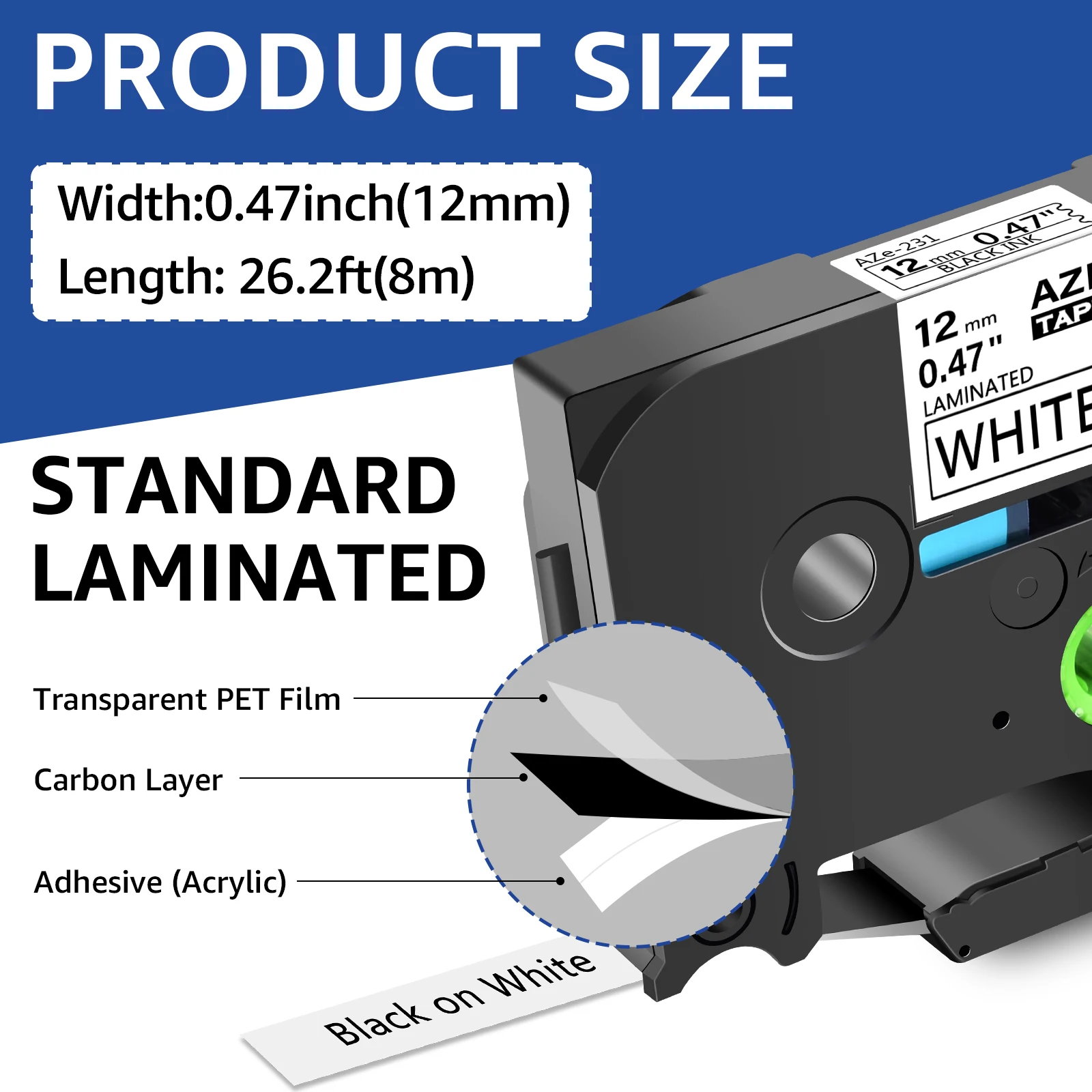 Standard Laminated Label Tape 5PK Compatible Brother 6/9/12/18/24mm Black On White Cassette For P-Touch PT-1000 PT-H101C