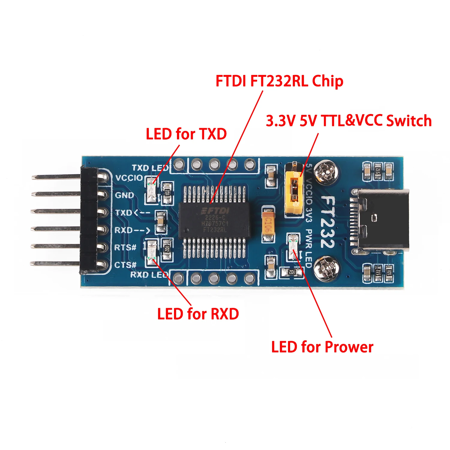 USB Type C Female to TTL Serial Converter 3.3V 5V FTDI Board Mudel Cable 6 Pins 6P Uart Aadpter