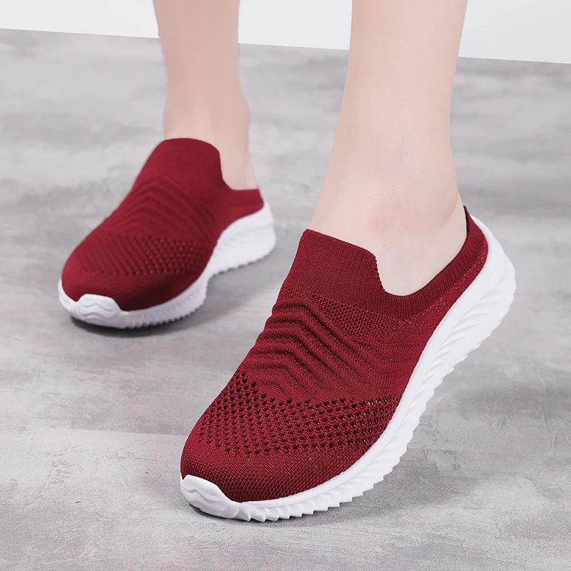 Women Walking Shoes Fitness Summer Mesh Sports Outdoor Flats Light Breathable Slip-On Running Sneakers Black Soft Size 35-42