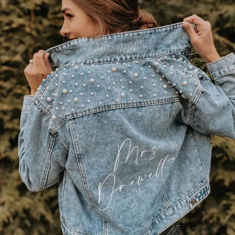 PERSONALIZED Statement Denim Bridal Jacket Custom Name Pearl Detailing MRS Jacket Custom Date Placement On Collar Bride Gift New