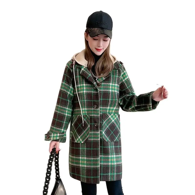 

Detachable Cap Women Woolen Coat Winter 2022 Add Thick Medium Long Single-Breasted Green Lattice Female Woolen Cotton Jacket