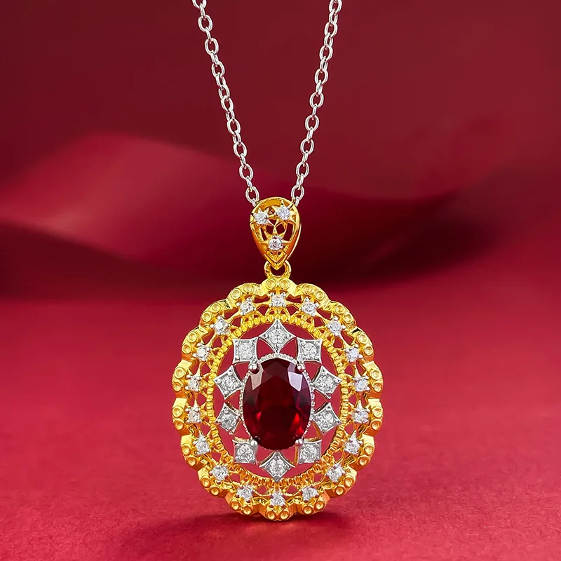 

New S925 Italian Craft Palace Style 6 * 8 Pigeon Blood Ruby Necklace Pendant Female Live Broadcast