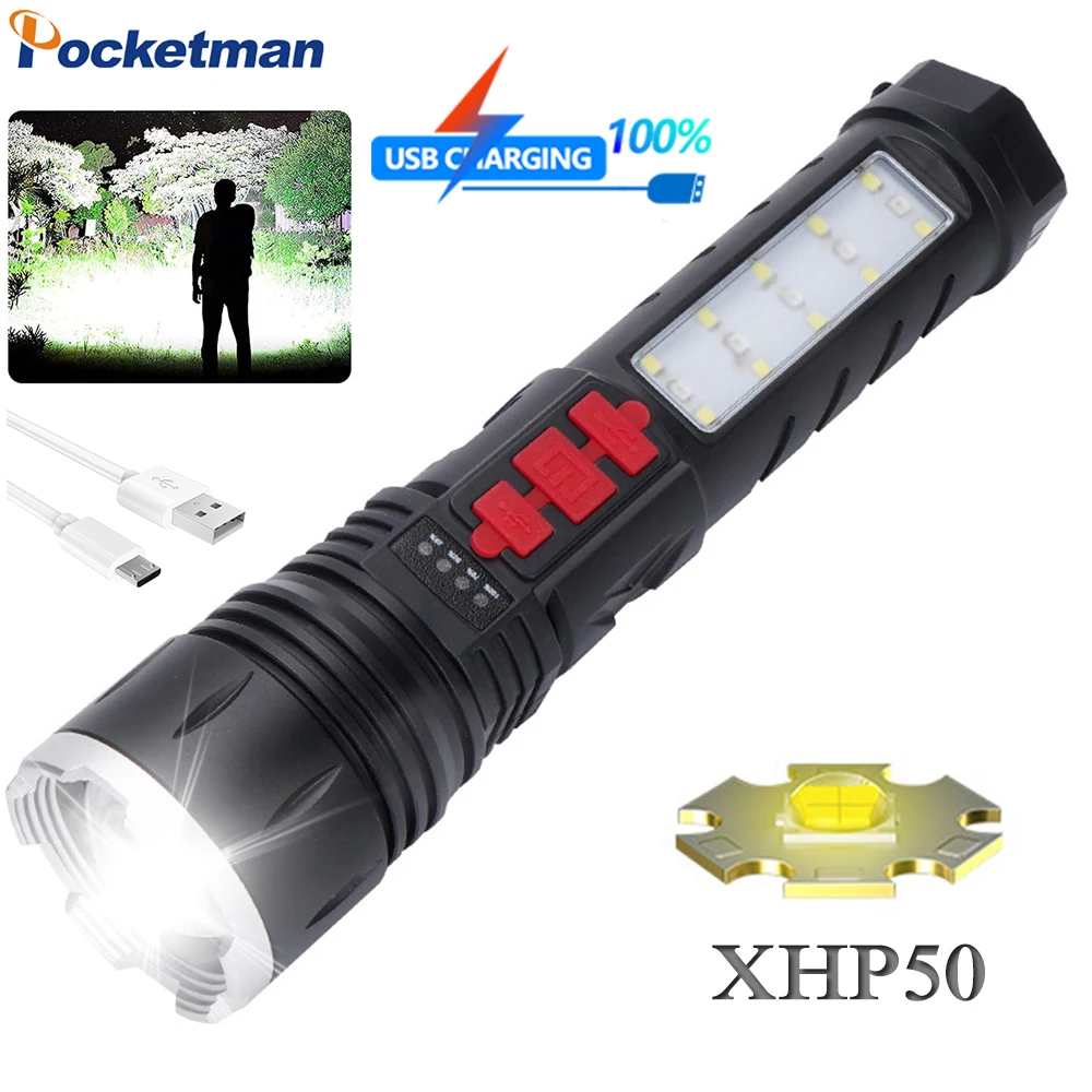 

Powerful XHP50 LED Flashlight Telescopic Zoom Flashlight Type-C USB Rechargeable Flashlight Waterproof Torch with a buzzer alarm