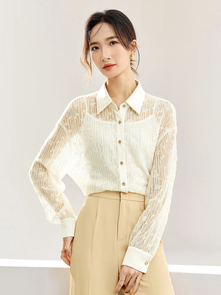 

SENTUBILA Apricot Elegant Jacquard Lace Shirt 2 Piece Set 2024 Spring Polo Collar Long Sleeve Blouse Woman Camisole 141C53348