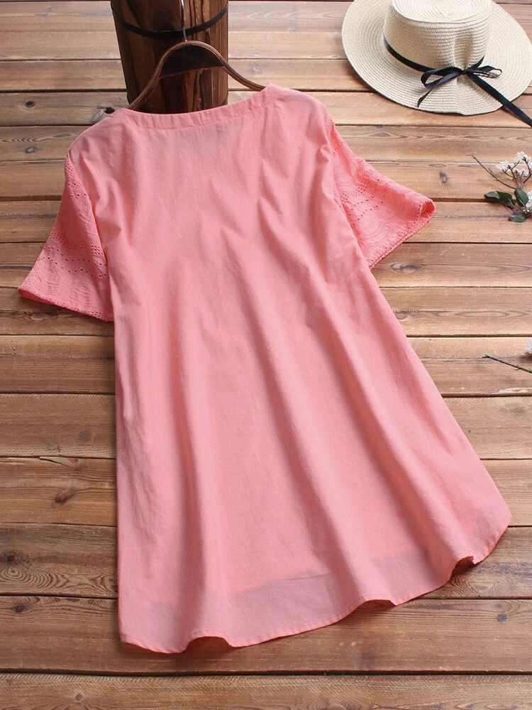Women Lace Shirts Fashion 2022 Embroidery Tops Buttons Short Sleeve Shirts Female Asymmetrical Blusa Hollow Out Lace Tops