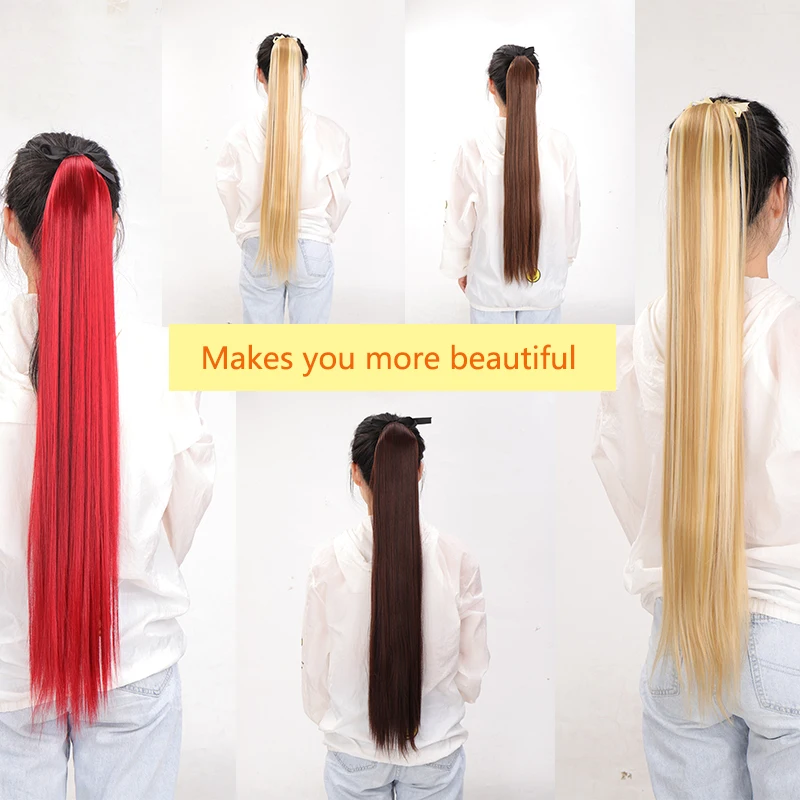 

80cm Synthetic Ponytail Long Straight Wine Red Blonde Pony Tail Hair Extensions Heat Resistant Horsetail Hairpiece