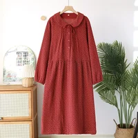 2026 New Spring and Autumn Women's Sleeping Skirt 100%Cotton Crepe Red Large Size Long Sleeve Home Sleeping Skirt Princess Skirt