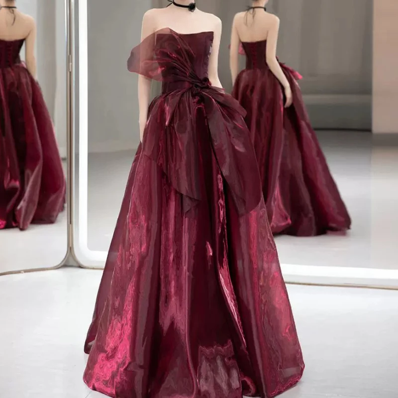 

High End Luxury Strapless Sleeveless Evening Dresses Front Bow Design Long Shinny Slim Fit A-line Vestidos Back Straps Gown