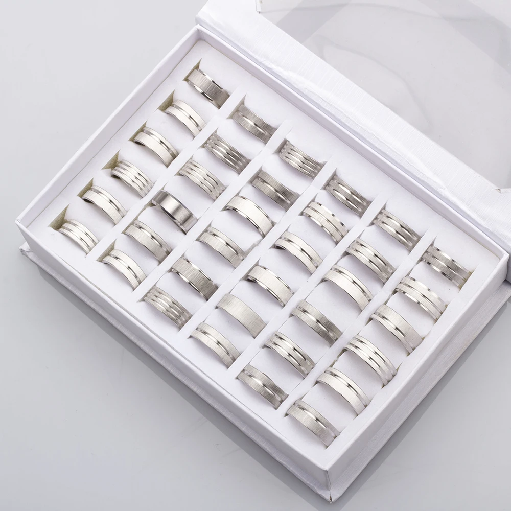 36Pcs/lot Men's Finger Ring Drawing Stripe Stainless Steel Jewelry Rings Wholesale Mixed Styles Mixed Size Gift