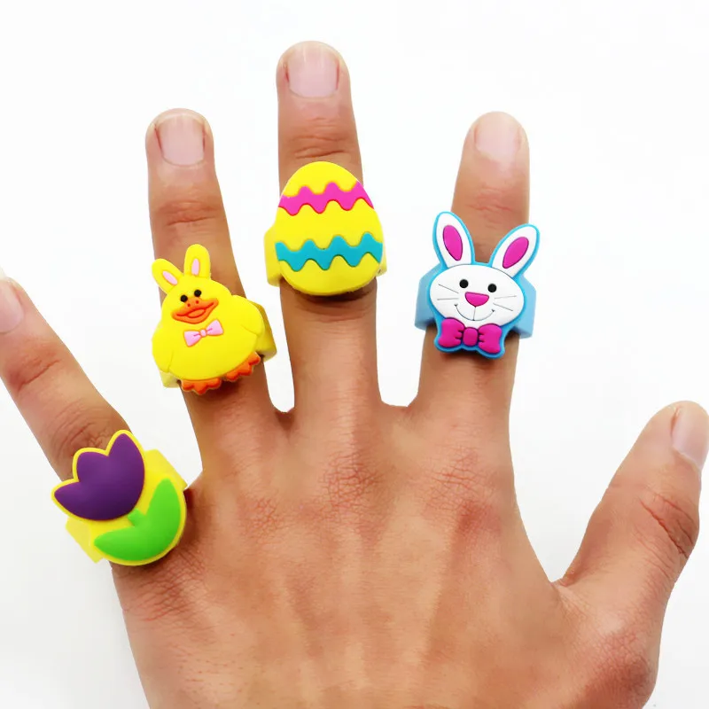

4pcs Easter Day Rabbit Chicken Colored Egg Ring Kids Girls Boys PVC Soft Glue Ring Happy Easter Children's Cartoon Silicone Ring