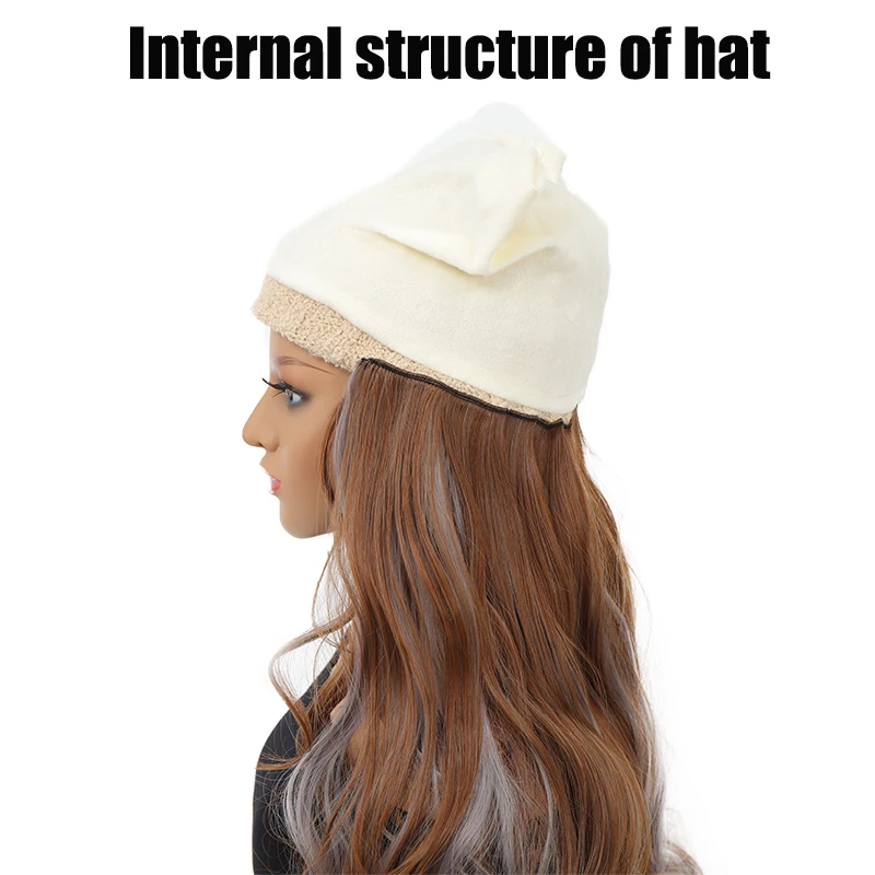 Hat wig long curly hair big waves smiling face logo knitted hat wig one-piece dyed fog blue hanging ear dye wig