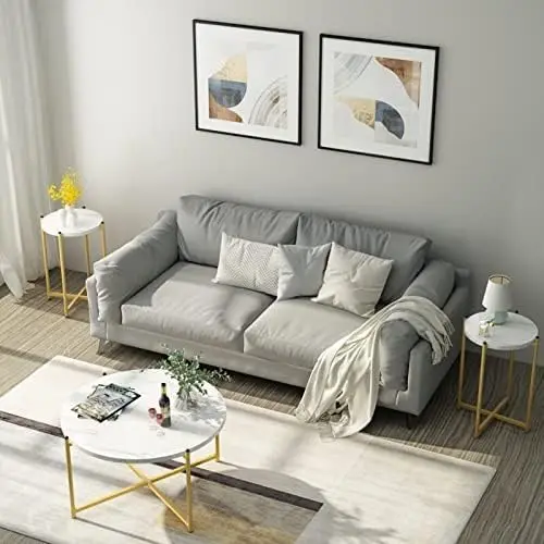 Coffee Table Set of 3 Include Coffee Table & 2pcs Side Table Living Room Sets Faux Marble Tabletop and Metal Frame