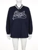 Sifreyr Street Casual Letter Print Pullover Top Contrast Color Woven Loose Mid Length Drawstring V-Neck Long Sleeve Sweatshirt 6