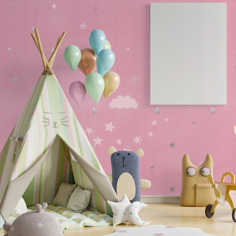 วอลเปเปอร์ลายดาวสีชมพูแบบมีกาวในตัวสำหรับตกแต่งห้องนอนเด็กผู้หญิง เฟอร์นิเจอร์ โต๊ะทำงาน สติ๊กเกอร์ตกแต่งร้านอาหาร วอลเปเปอร์ติดผนัง 1