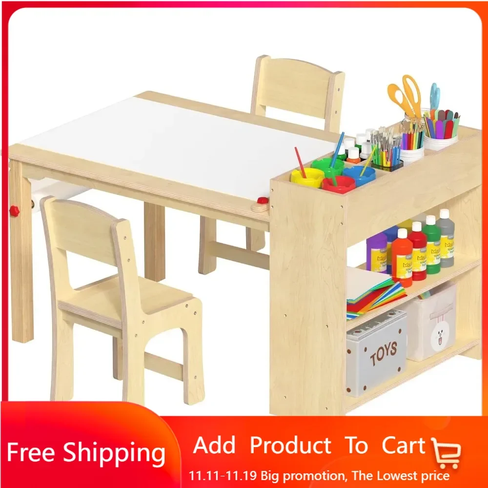 Kids Art Table and 2 Chairs, Wooden Drawing Desk, Activity & Crafts, Children's Furniture, 42x23