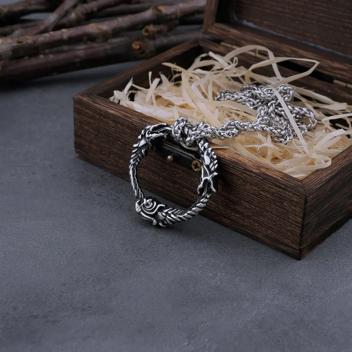 Viking Self Devourer Dreki Dragon Necklace Men Scandinavian Three