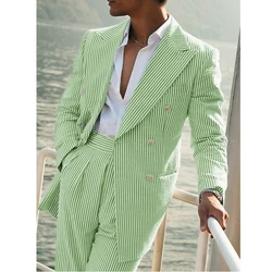 Fashion Casual Green Men's Seersucker Suits Spring Summer Beach Wedding Suits 2 Pieces Set Blazer Pant Pinstripe Male Suit