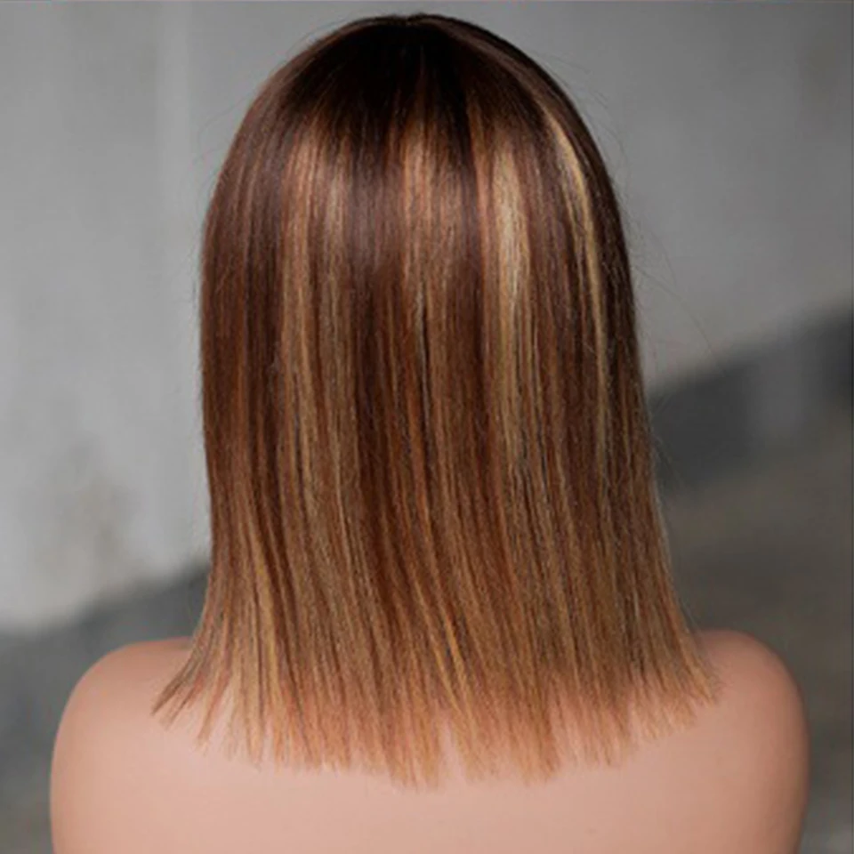 Highlight Brown And Maroon Human Hair Wig Straight Machine Made Wig Human Hair Brazilian Short Bob Wigs (ColorP4/27 )