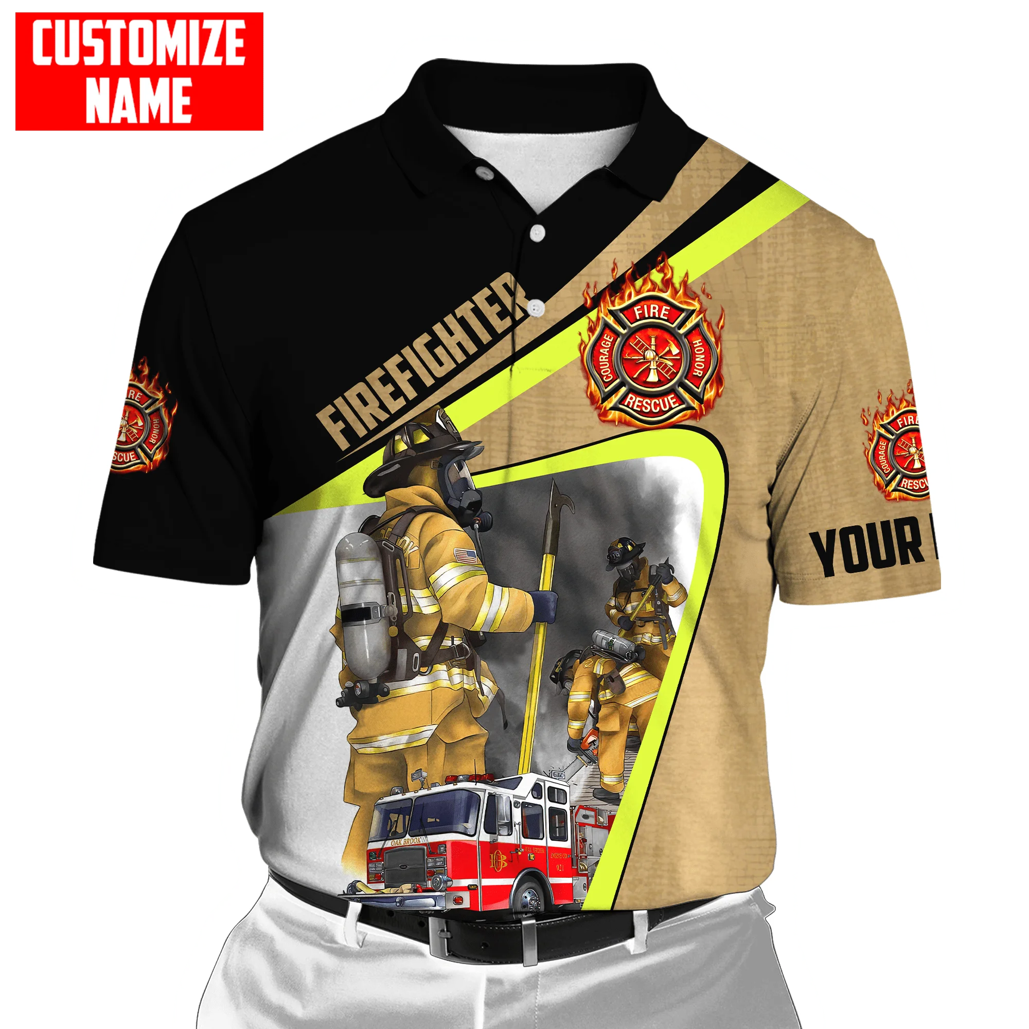 Personalisierter Name Brave Firefighter 3D-gedrucktes Herren-Poloshirt Sommer Kurzarm-T-Shirt Street Casual POLO-Shirt Tops WK10 – Detail 12