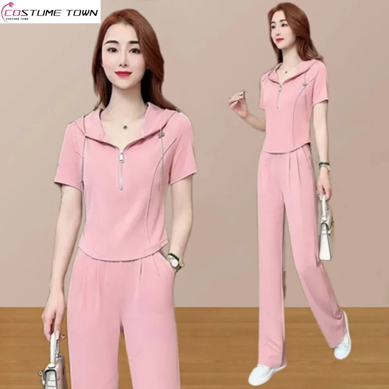 أزياء رياضية المرأة مجموعة الصيف الجديدة عارضة النسخة الكورية فضفاضة مقنعين أعلى + السراويل واسعة الساق قطعتين مجموعة العصرية