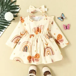 0-2Y New Toddler Baby Clothing Kids Girls Dresses Set Rainbow Full Long Sleeve Casual Dress+Bow Head Band 2Pcs Children Suit