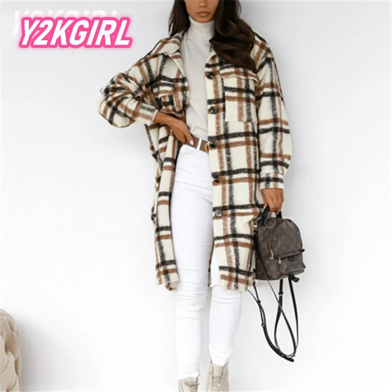 

Y2KGIRL Checked Women Shirt Jacket Patchwork Spring Overcoat Plaid Coat Oversize Not Wool Female Clothing Button Cardigan