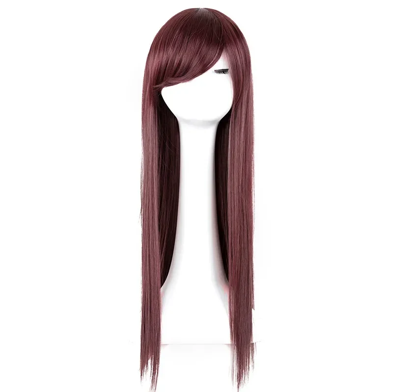 

Burgundy Wig Synthetic Heat Resistant Fiber Long Straight Hair Female Salon Oblique Fringe Women Inclined Bangs Hair