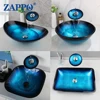 ZAPPO Tempered Glass Bathroom Vessel Sink with Waterfall Black Faucet Tap Bathroom Oval Blue Vessel Sinks Above Counter Basin 1