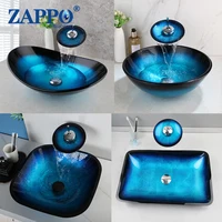 ZAPPO Tempered Glass Bathroom Vessel Sink with Waterfall Black Faucet Tap Bathroom Oval Blue Vessel Sinks Above Counter Basin 1