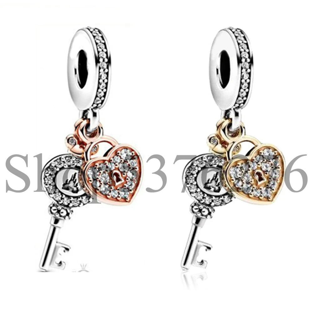 

925 Sterling Silver Bead Disn Parks Sparkling Key Lock Castle Dangle Charm Fit Pandora Women Bracelet Bangle Gift DIY Jewelry