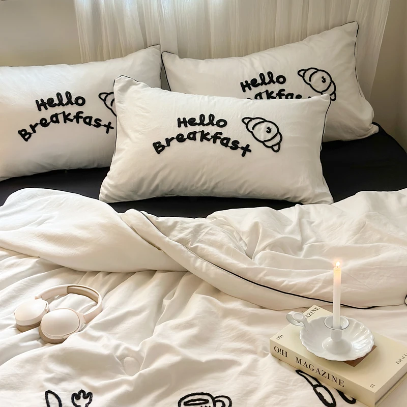 1pc Embroidery Throw Quilt White and Black Bedding Soft INS Home Adult Kids Patchwork Soft Summer Thin Comforter Duvet 150*200cm
