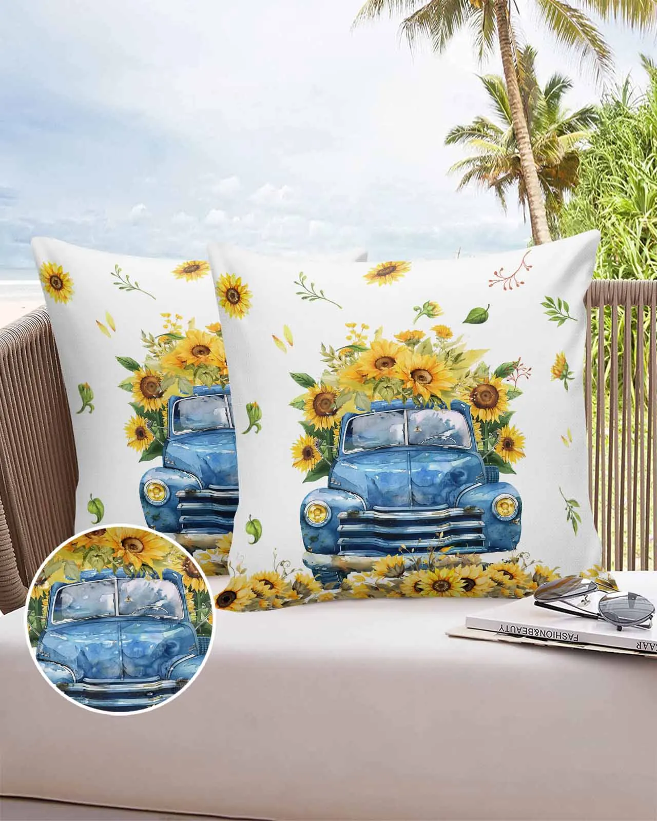 

2/4 Pcs Summer Watercolor Sunflower Truck Waterproof Pillowcase Office Sofa Throw Pillow Case Car Cushion Cover Home Decor