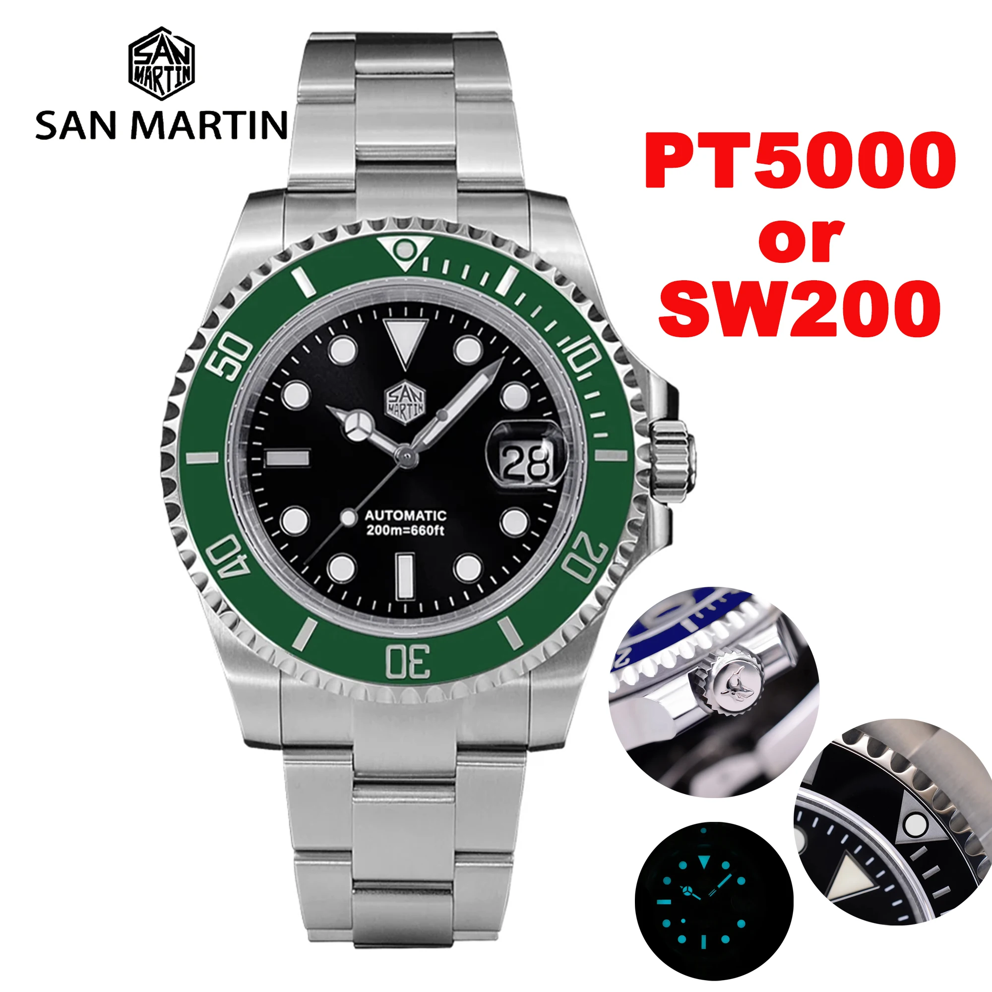 

PT5000 SW200 San Martin Mens Diver Watch Luxury Water Ghost Automatic Mechanical 41mm Sapphire Date Cyclops 20Bar BGW-9 Luminous