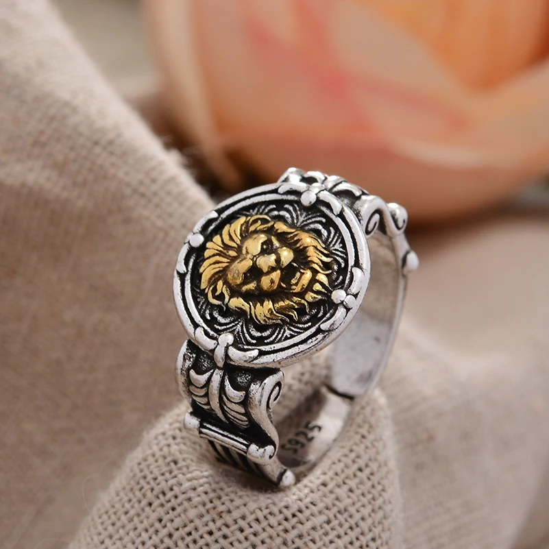 アクセサリー vintage silver925 LION head ring High Quality Vintage Lion Head Thai Silver Man Single Ring