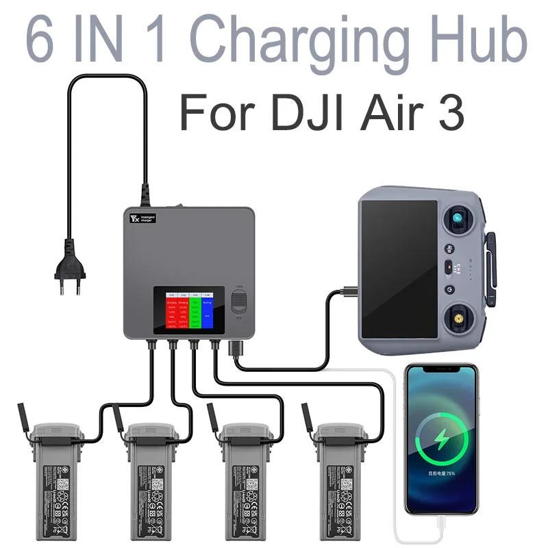 Drone Battery Charger 6 in1 Digital Display for DJI AIR 3/3S with USB adapter