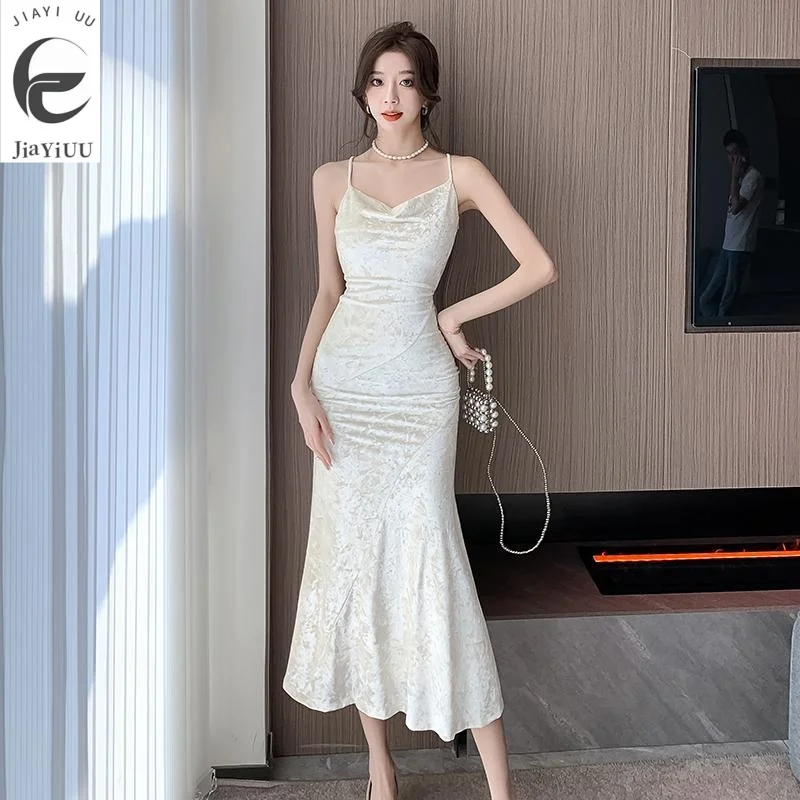 

2024 Spring/Summer High End Fishtail Wrap Hip Evening Dress French Style Celebrity Diamond Plush Swinging Neck Strap Dress