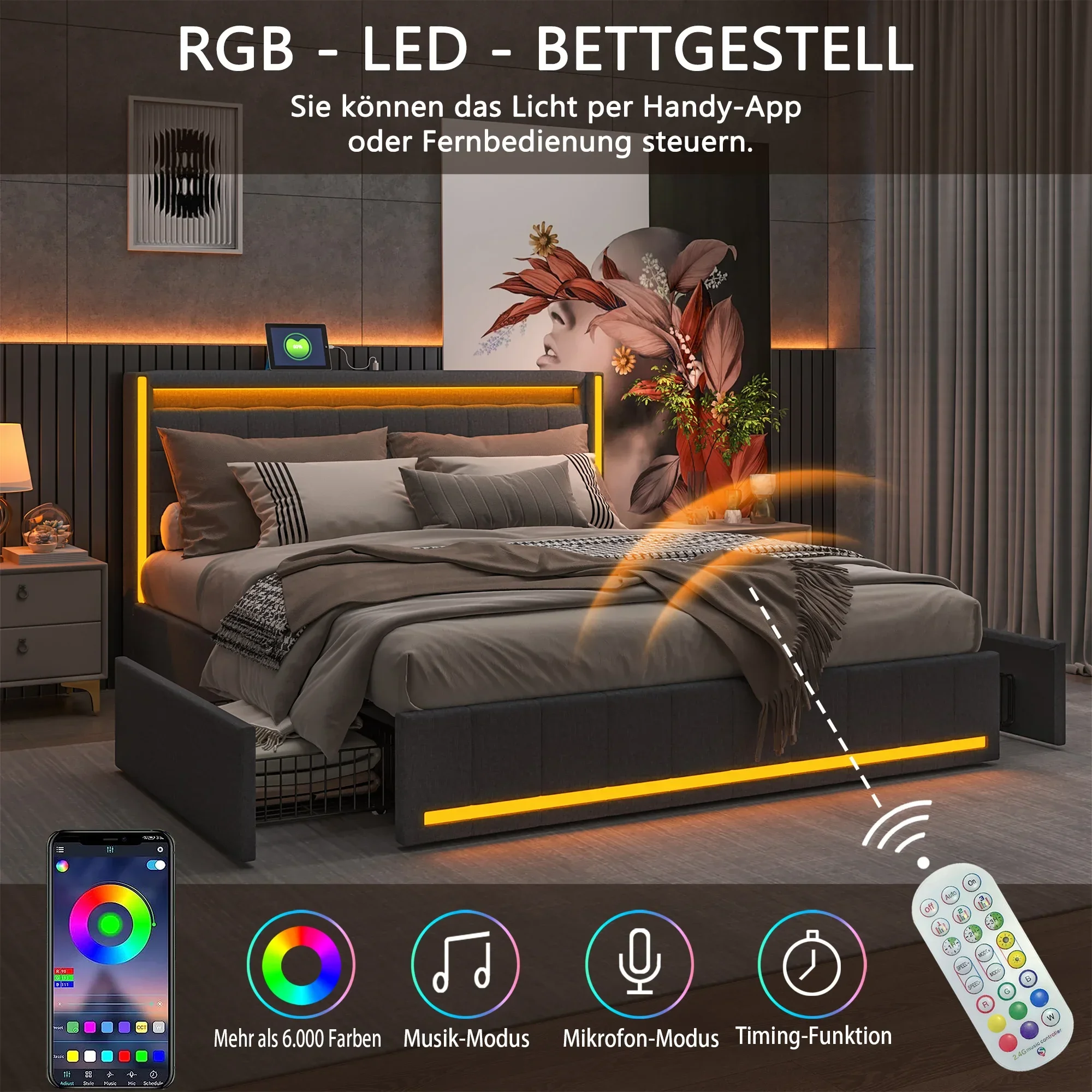 Comanlai Gepolstertes Doppelbett mit 4 Schubladen, Stauraumbett mit Lattenrost, Bettgestell mit USB-Ladeanschluss und LED-Beleuchtung – Detail 5