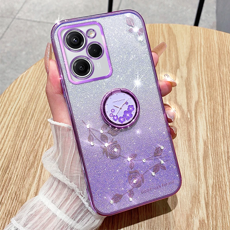

Gradient Stand Phone Case For Poco F5 Pro M5S X4 GT C50 F4 X5 Pro M3 M4 Pro 5G Xiaomi 12T 11T Pro 12 Lite Glitter Flower Cover